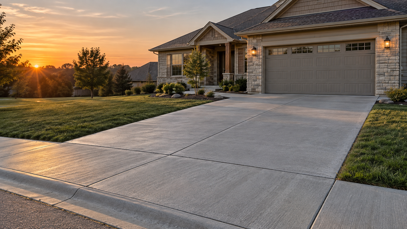 A newly finished concrete driveway and sidewalk at a Southwest Missouri home